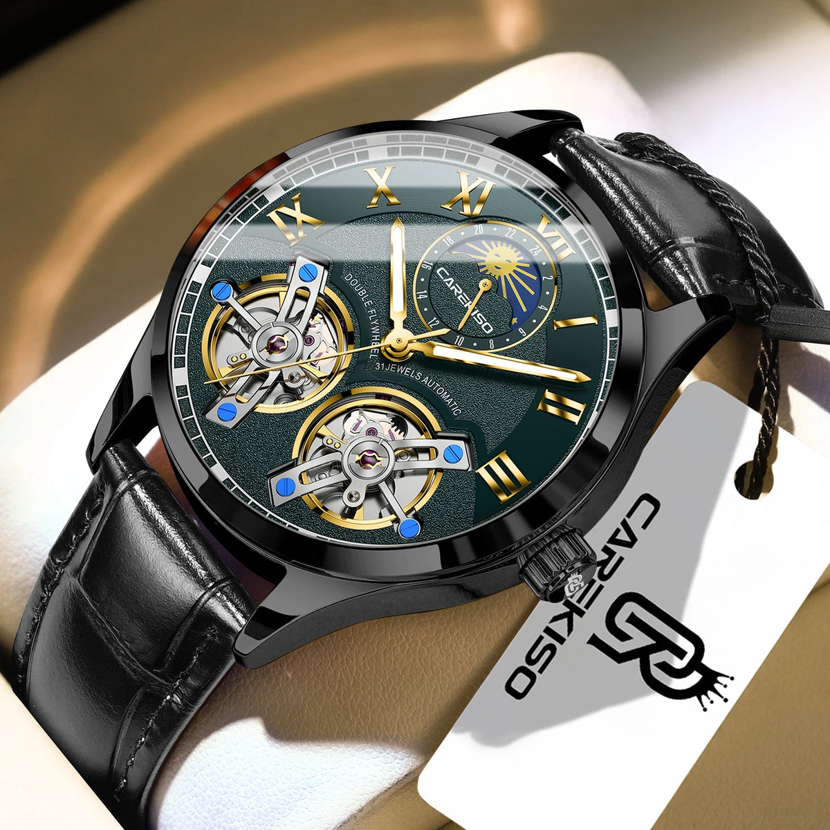 CAREKISO C123 Men Automatic Mechanical Watch Luxury Sport Leather Strap Waterproof Luminous Wristwatch