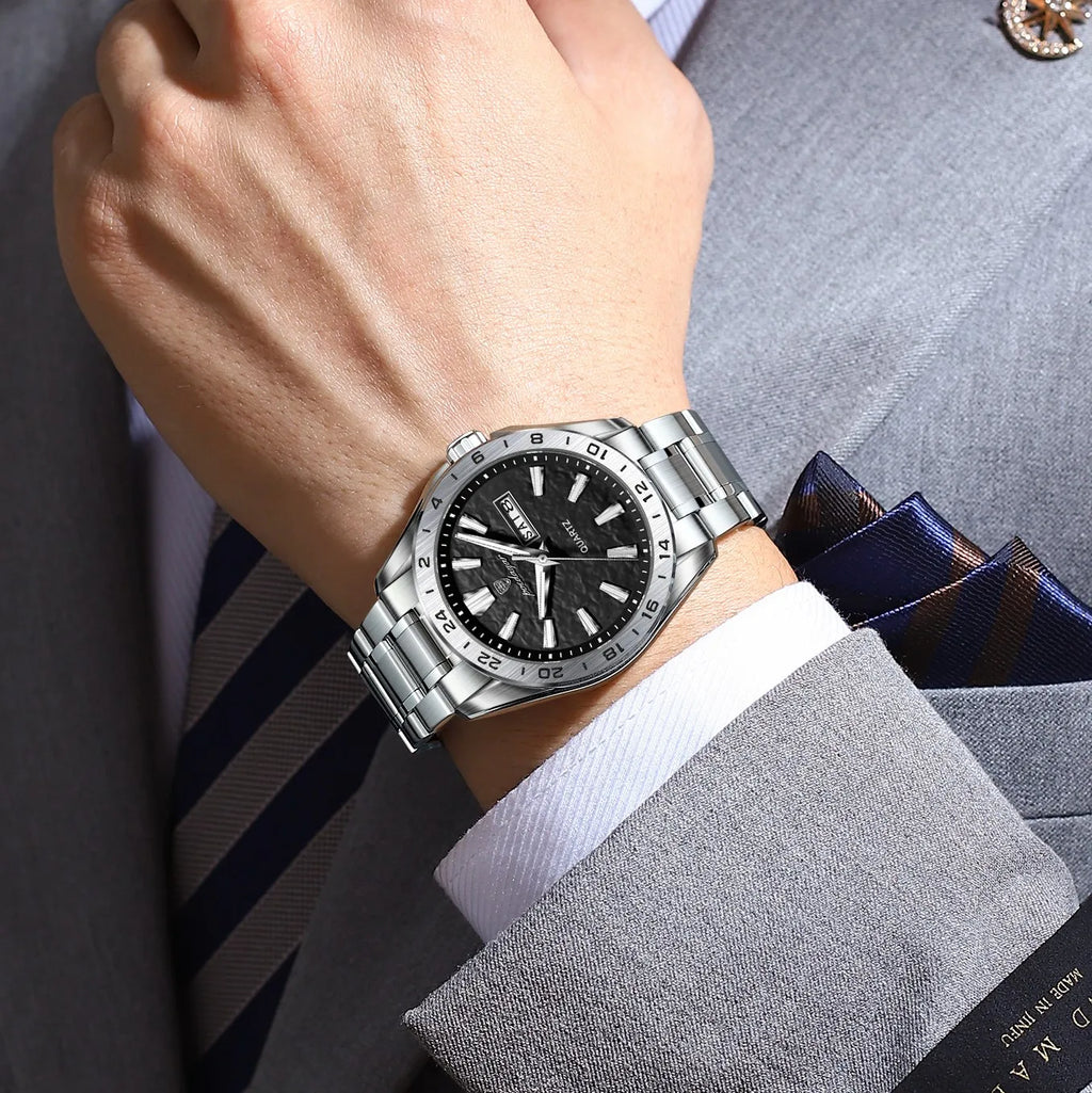 Poedagar 683 Men's Quartz Watch Luxury Formal Dual Calendar Waterproof Luminous Watch for Men Business Stainless Steel Strap