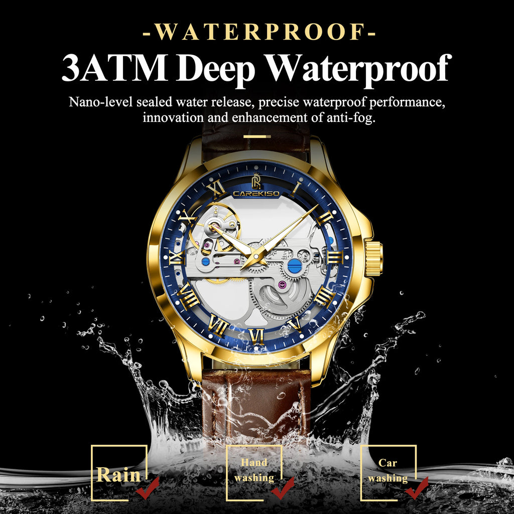 CAREKISO C124 Men Automatic Mechanical Wristwatch Waterproof Luminous Business Watch with Genuine Leather Strap