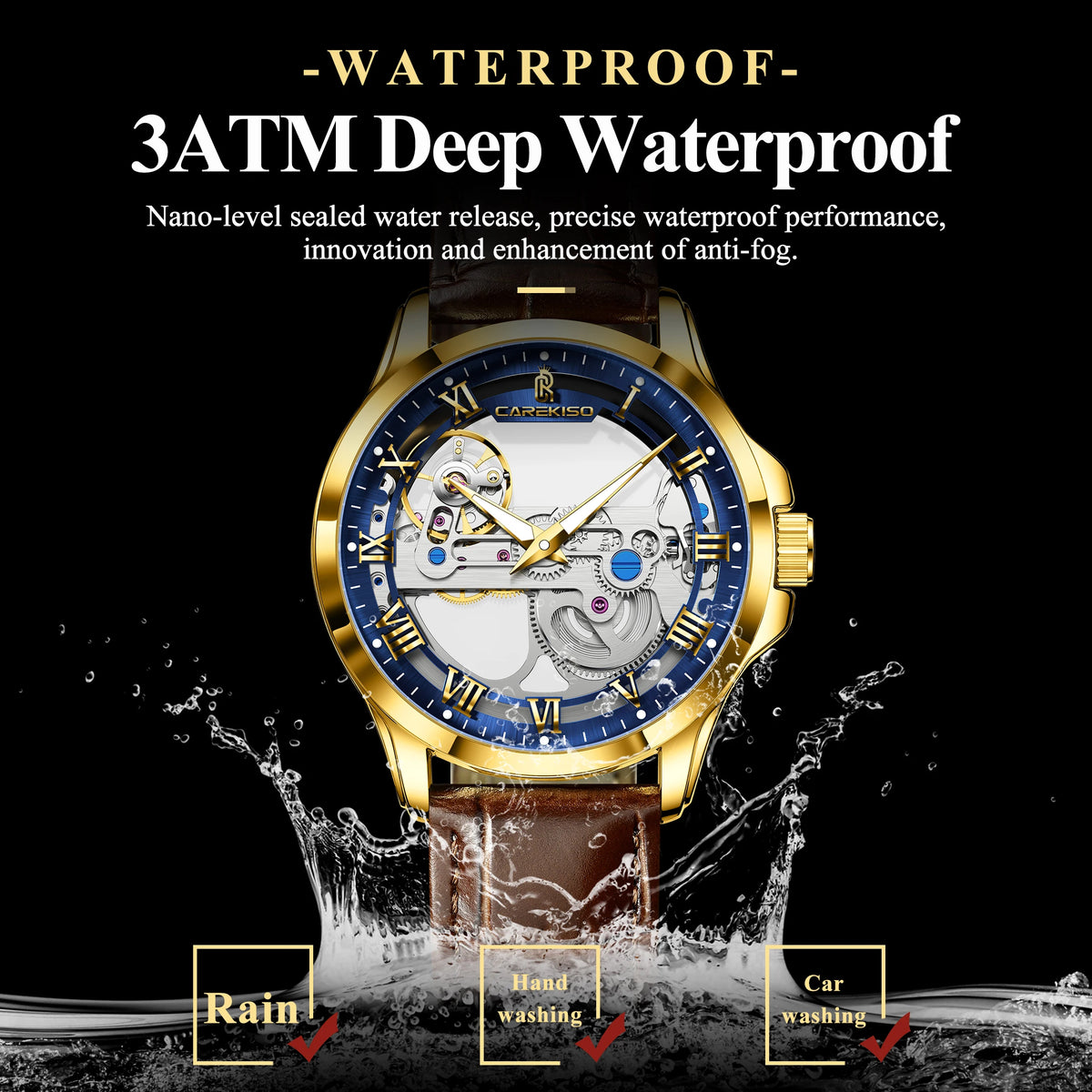 CAREKISO C124 Men Automatic Mechanical Wristwatch Waterproof Luminous Business Watch with Genuine Leather Strap