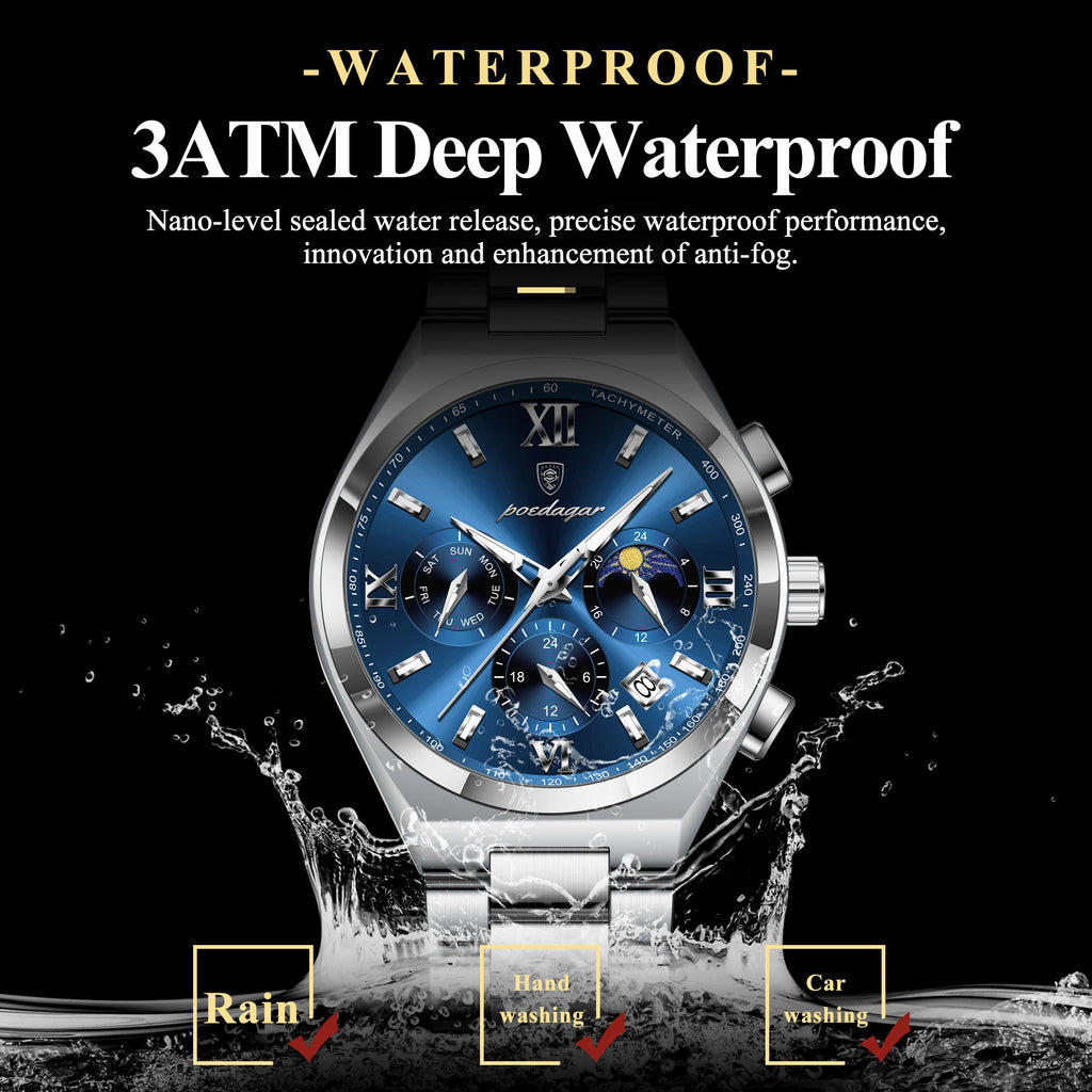Poedagar 688 Luxury Men's Quartz Watch Waterproof Luminous Wristwatch Multi-Functional Chronograph Stainless Steel Watch for Men