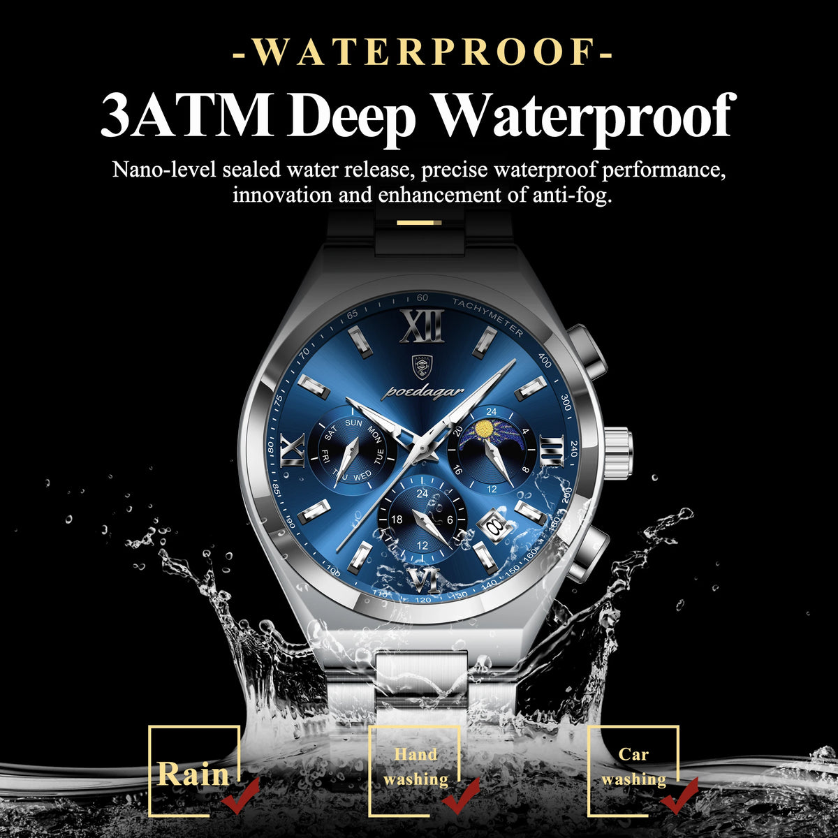 Poedagar 688 Luxury Men's Quartz Watch Waterproof Luminous Wristwatch Multi-Functional Chronograph Stainless Steel Watch for Men