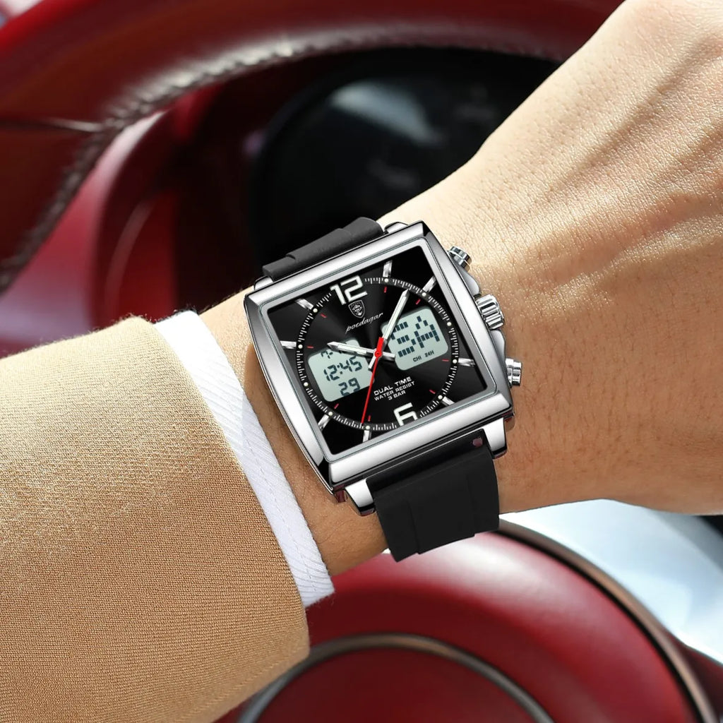 Poedagar E109 Men's Watch Dual Display Multifunctional Chronograph Quartz Silicone Strap Alarm Luminous Waterproof Watch for Men