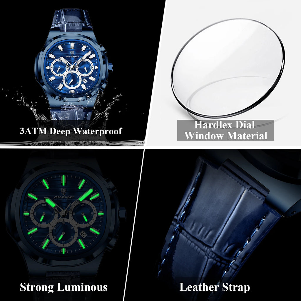 Poedagar 834 Mens Quartz Watch All-Blue Waterproof Luminous Leather Strap Business Wholesale Price Factory Direct Ready to Ship