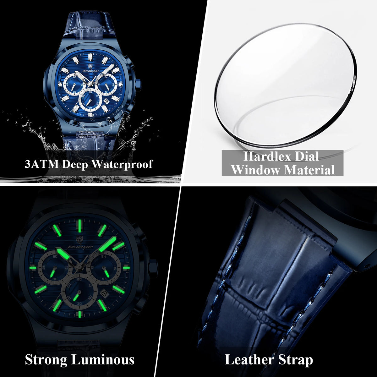 Poedagar 834 Mens Quartz Watch All-Blue Waterproof Luminous Leather Strap Business Wholesale Price Factory Direct Ready to Ship