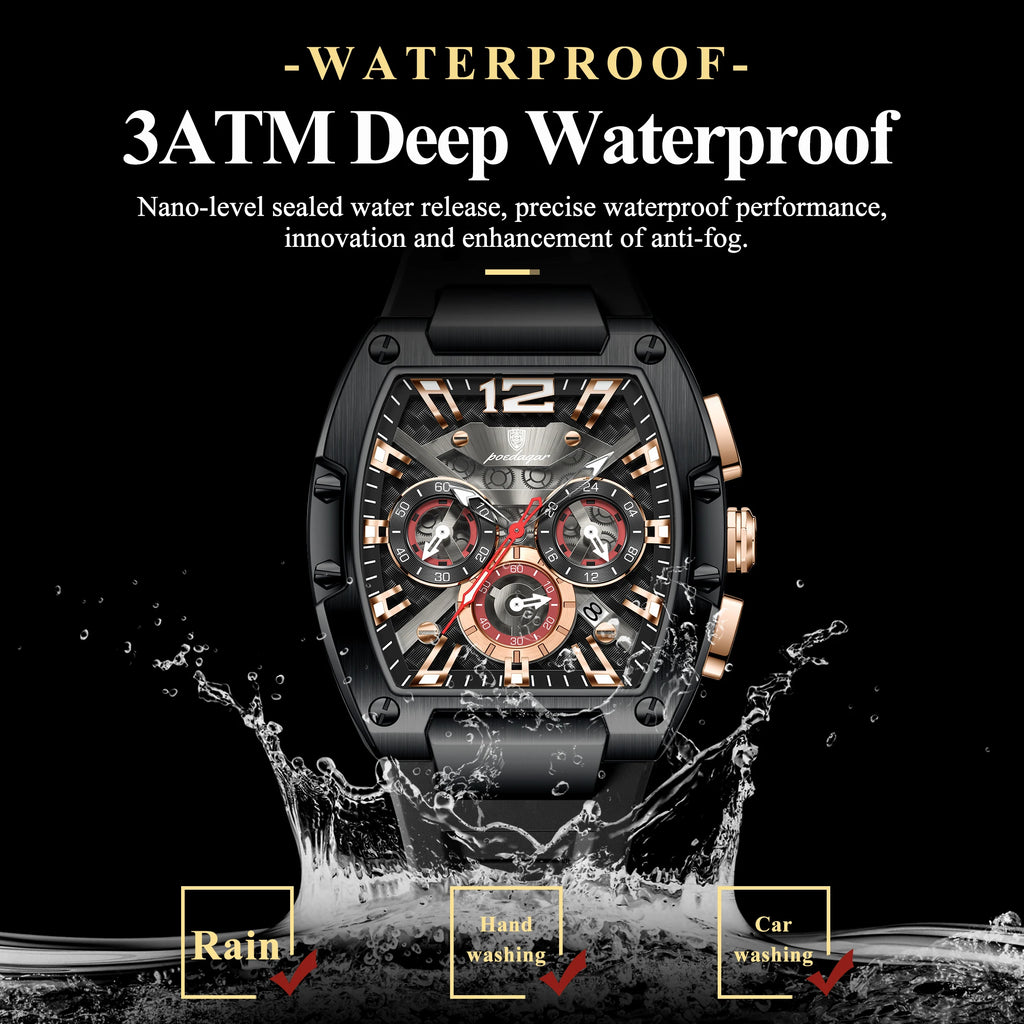 Poedagar 9051 Men's Chronograph Quartz Watches Luxury 43mm Tonneau Case Relogio Silicone Strap Sport Waterproof Watch for Men
