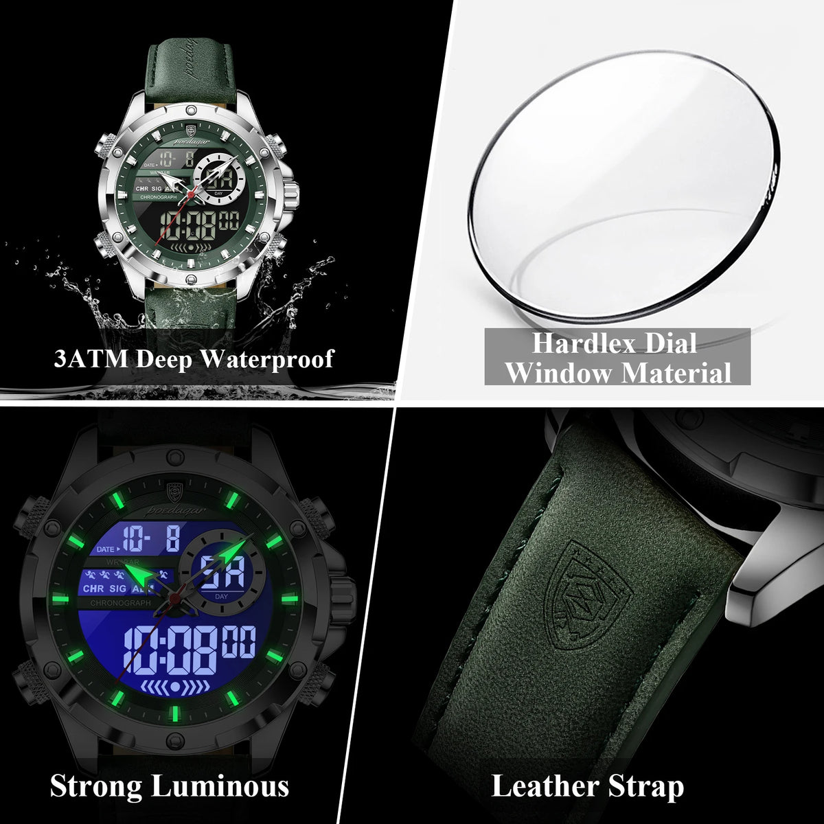 Poedagar E129 Mens Chronograph Watches Original Dual Display Quartz Watch Luxury Leather Strap Luminous Waterproof Watch for Men