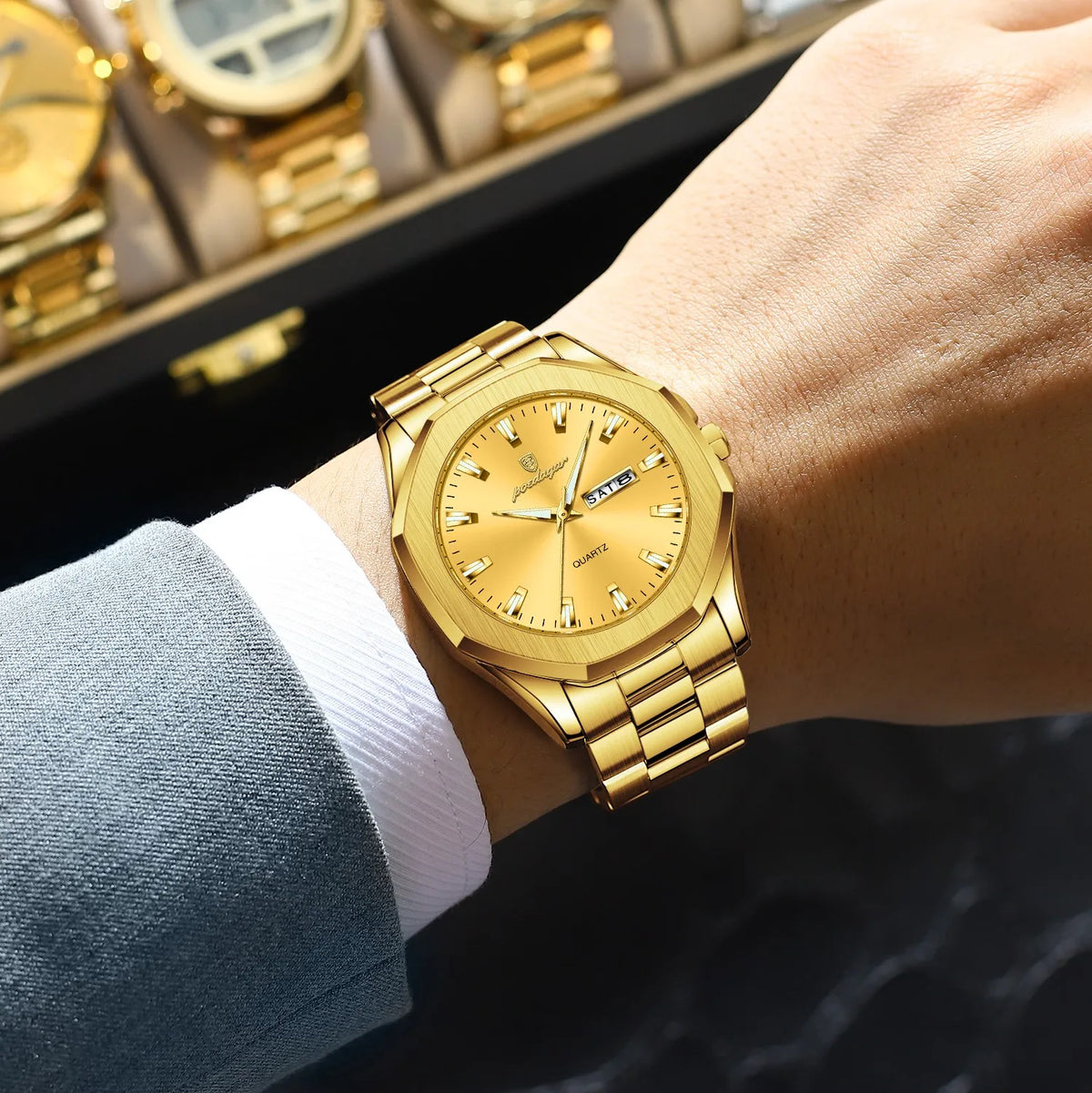 Poedagar 875 Luxury Mens Watch All Gold Octagonal Case Stainless Steel Quartz Watch Reloj Luminous Waterproof Wristwatch for Men