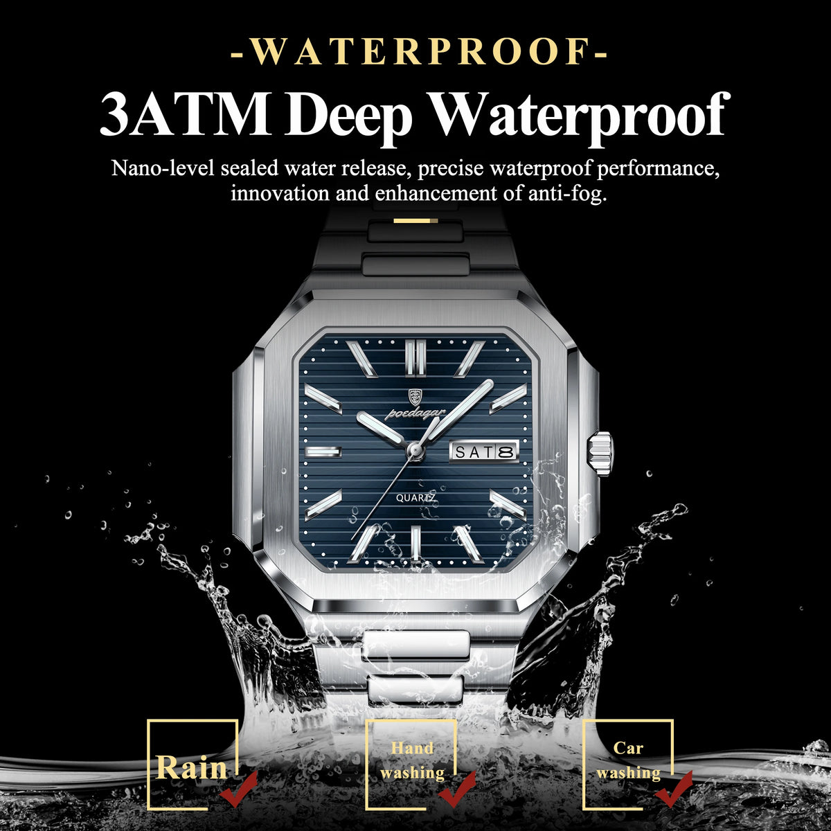 Poedagar 672 New Men's Luxury Stainless Steel Square Quartz Wristwatch Waterproof Luminous Date Display Watch for Men