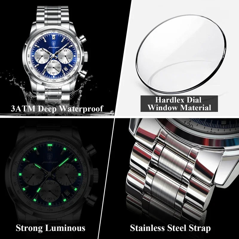 Poedagar 921 Luxury Stainless Steel Men's Watch Waterproof Luminous Chronograph Quartz Watches for Men