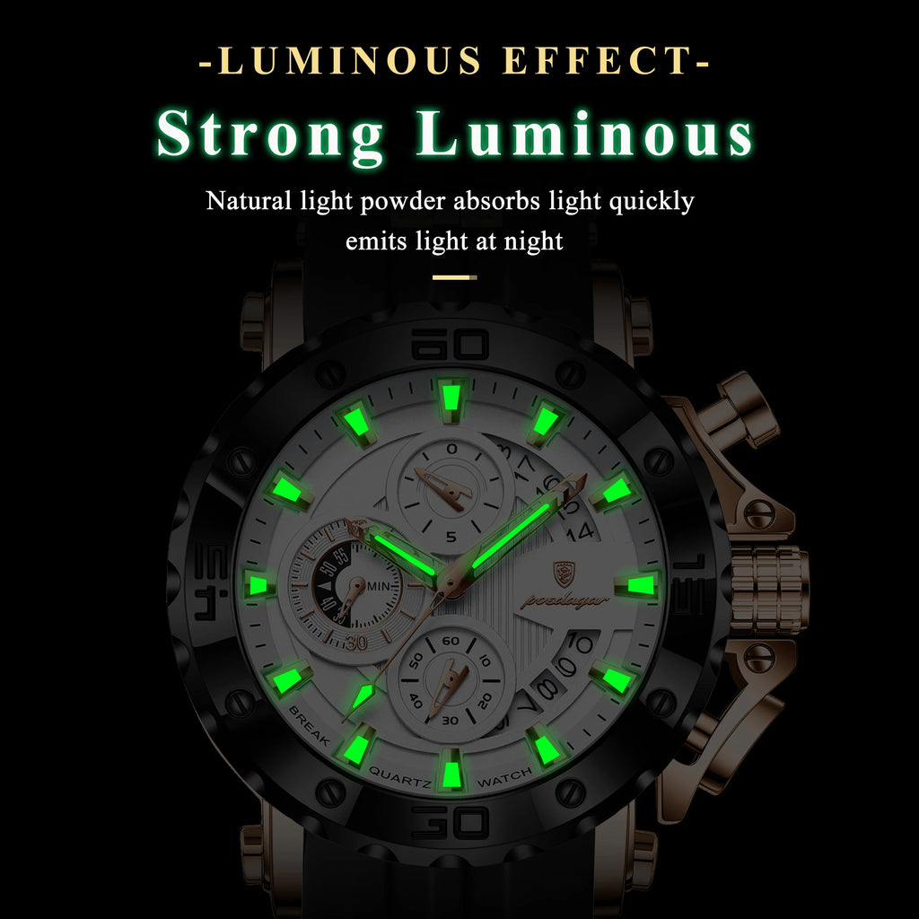 Mens Watch Luxury Poedagar 892 Silicone Strap Waterproof Quartz Watches Montre Luminous Sports Chronograph Watch for Men Relogio