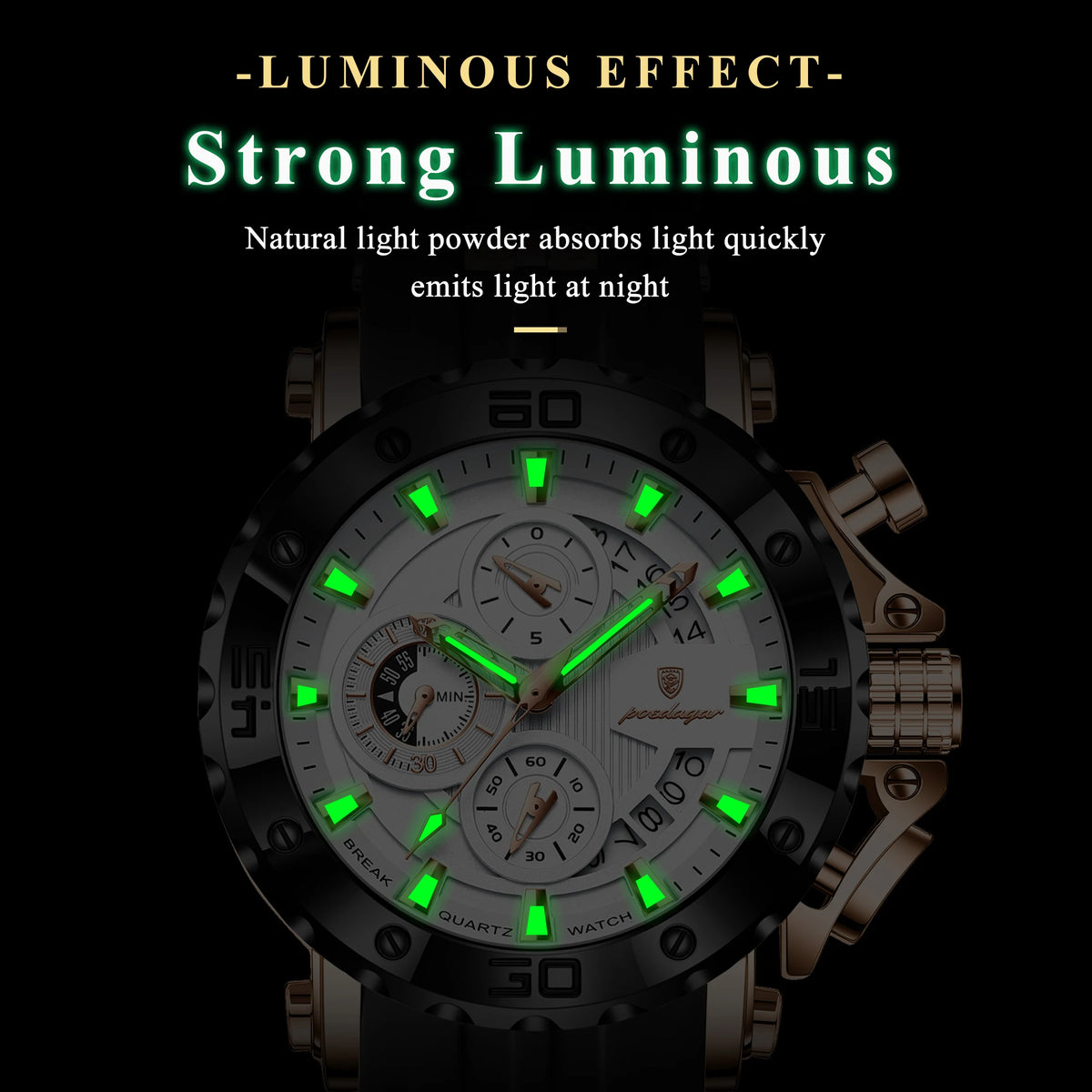 Mens Watch Luxury Poedagar 892 Silicone Strap Waterproof Quartz Watches Montre Luminous Sports Chronograph Watch for Men Relogio