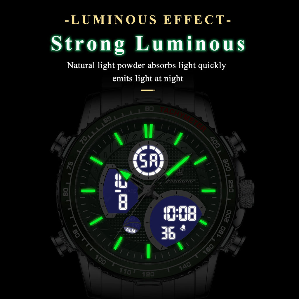 Poedagar E127 Men Watch Dual Display Digital Analog Wristwatch Luminous Waterproof Herrenuhr Sport Stainless Steel Watch for Men