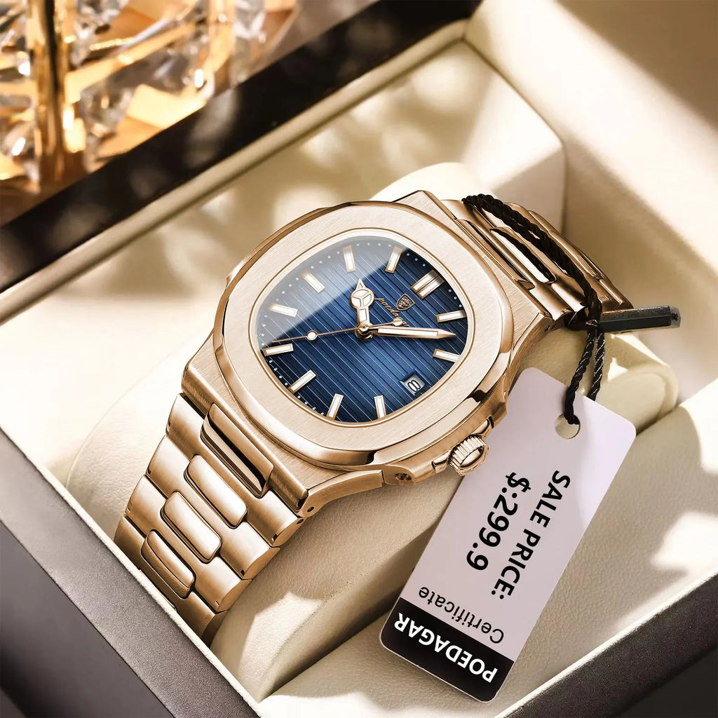 Poedagar Top Brand Luxury Fashion Rose Gold Square Men Quartz Watch Waterproof Luminous Date Stainless Steel Watch for Men