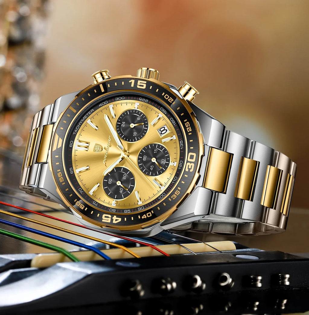 Poedagar 697 Two-Tone Gold Men's Watch Luxury Business Sport Chronograph Tachymeter Luminous Date Waterproof Montre Homme