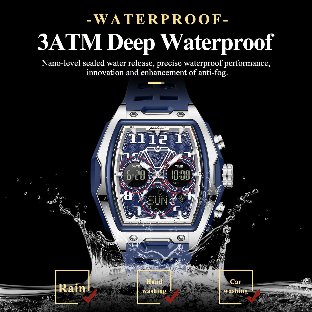 Poedagar 636 Men's Watch Sport Analog-Digital Quartz Watches Dual Display Silicone Strap Montre Water Resistant Luminous Watch