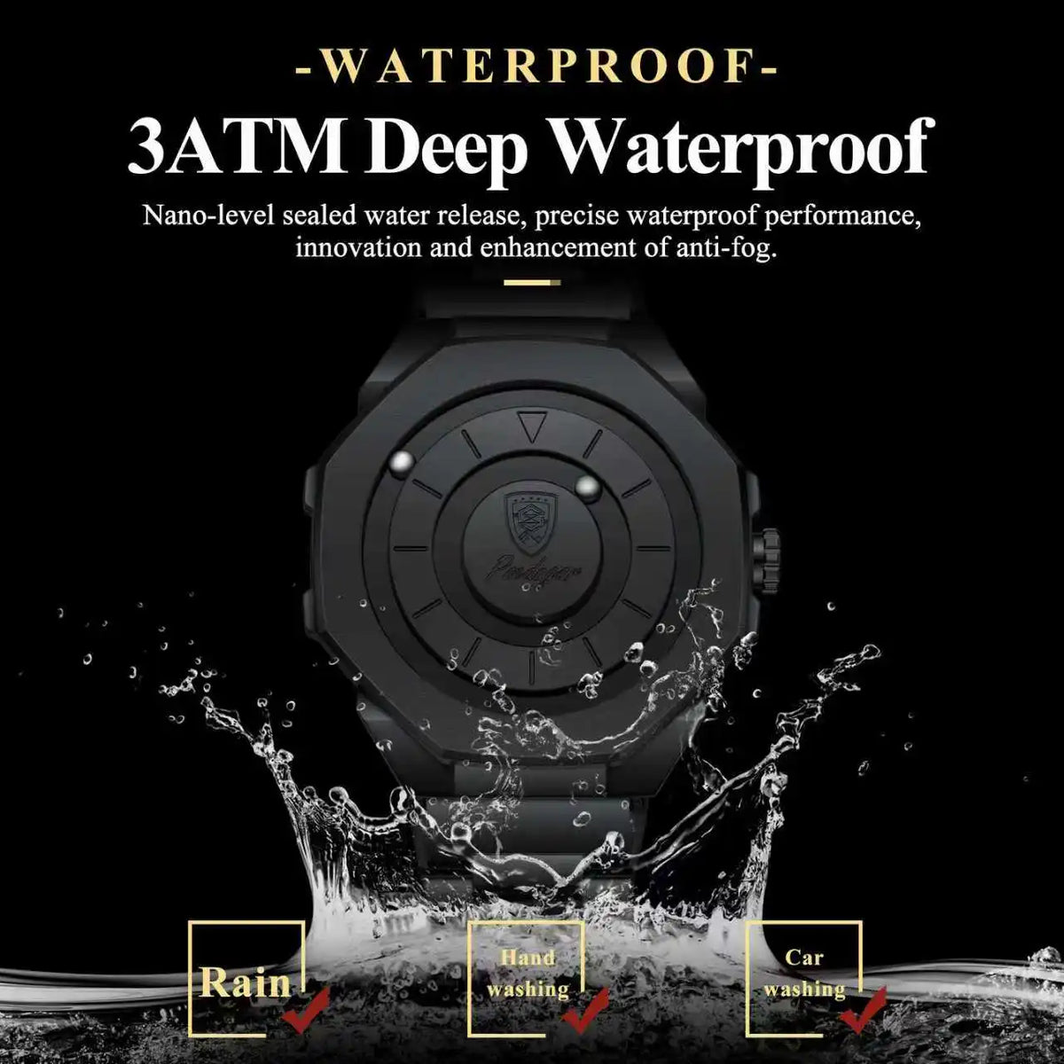 Poedagar 670 Black Magnetic Ball Rotating Stainless Steel Bracelet Waterproof Men Quartz Watch