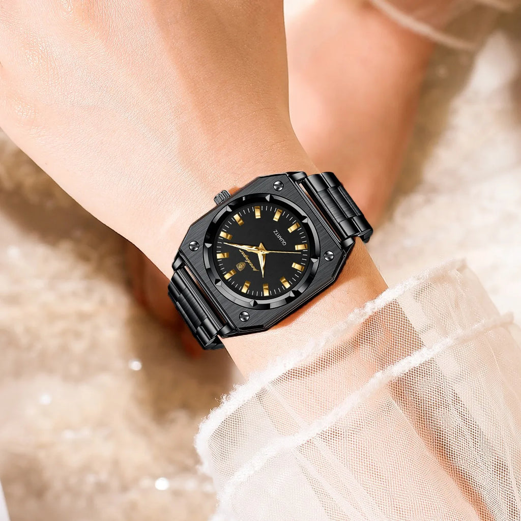 Poedagar 788 Luxury Women's Watch Black Square Case Waterproof Luminous Reloj Wristwatch Stainless Steel Quartz Watch for Women
