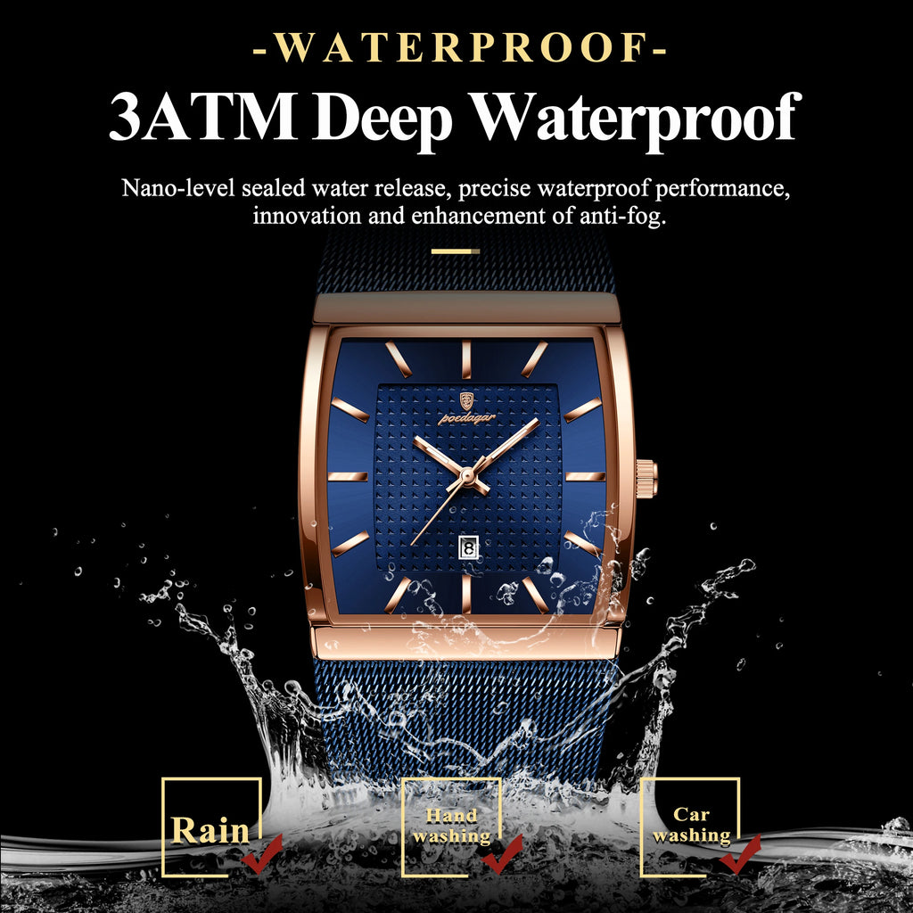 Poedagar 885 Men's Stainless Steel Mesh Quartz Watch Luminous Date Display Waterproof Luxury Fashion Watch Square Watch for Men