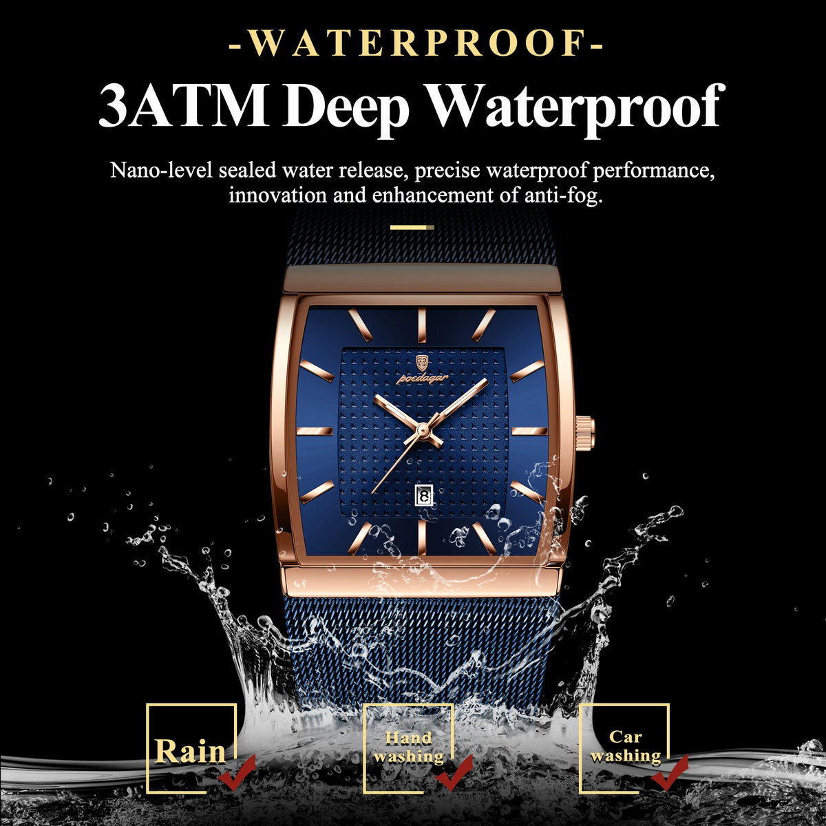 Poedagar 885 Men's Stainless Steel Mesh Quartz Watch Luminous Date Display Waterproof Luxury Fashion Watch Square Watch for Men
