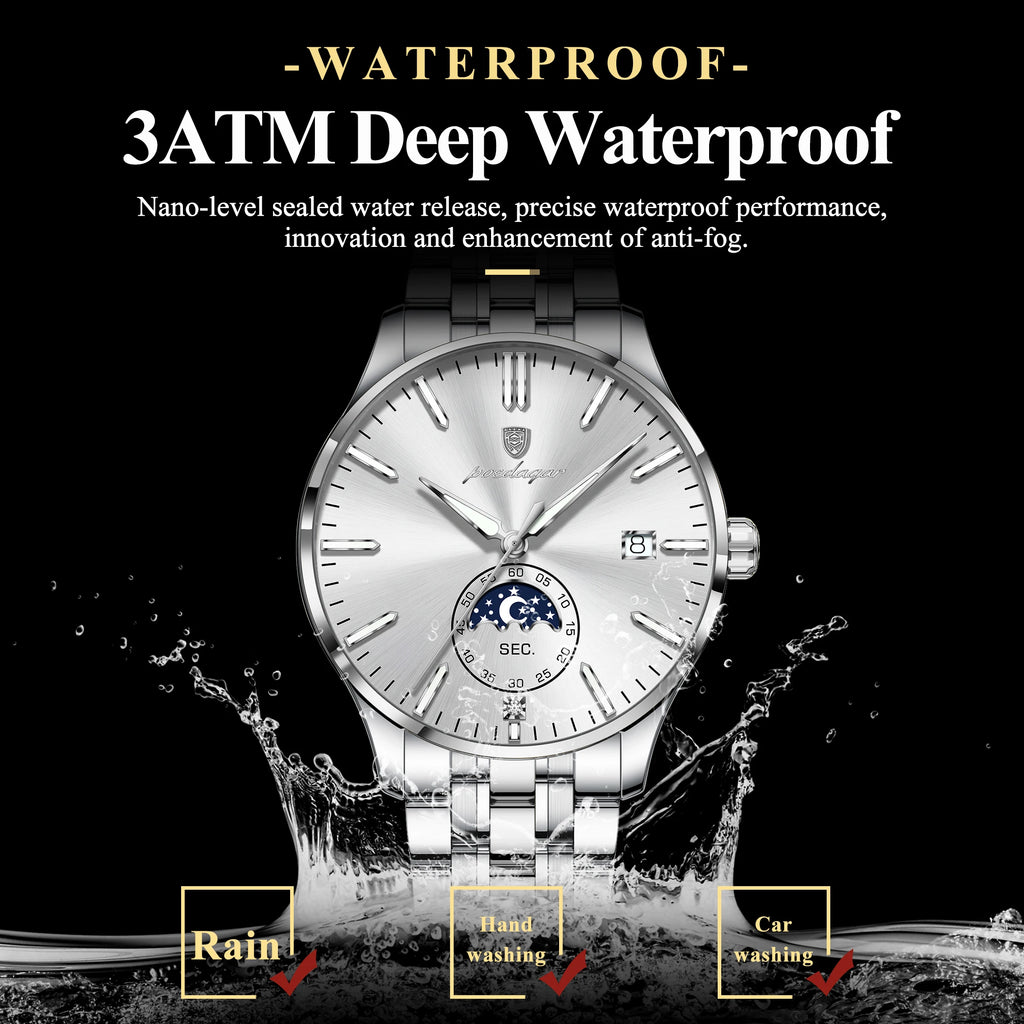 Poedagar 854 Mens Watch Luxury Stainless Steel Moon Phase Wristwatch Montre Homme Calendar Waterproof Business Watch for Men