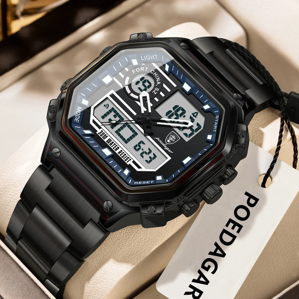 Poedagar Men's Multi-function Electronic Quartz Watch Dual Display LED Night Light Waterproof Watch for Men