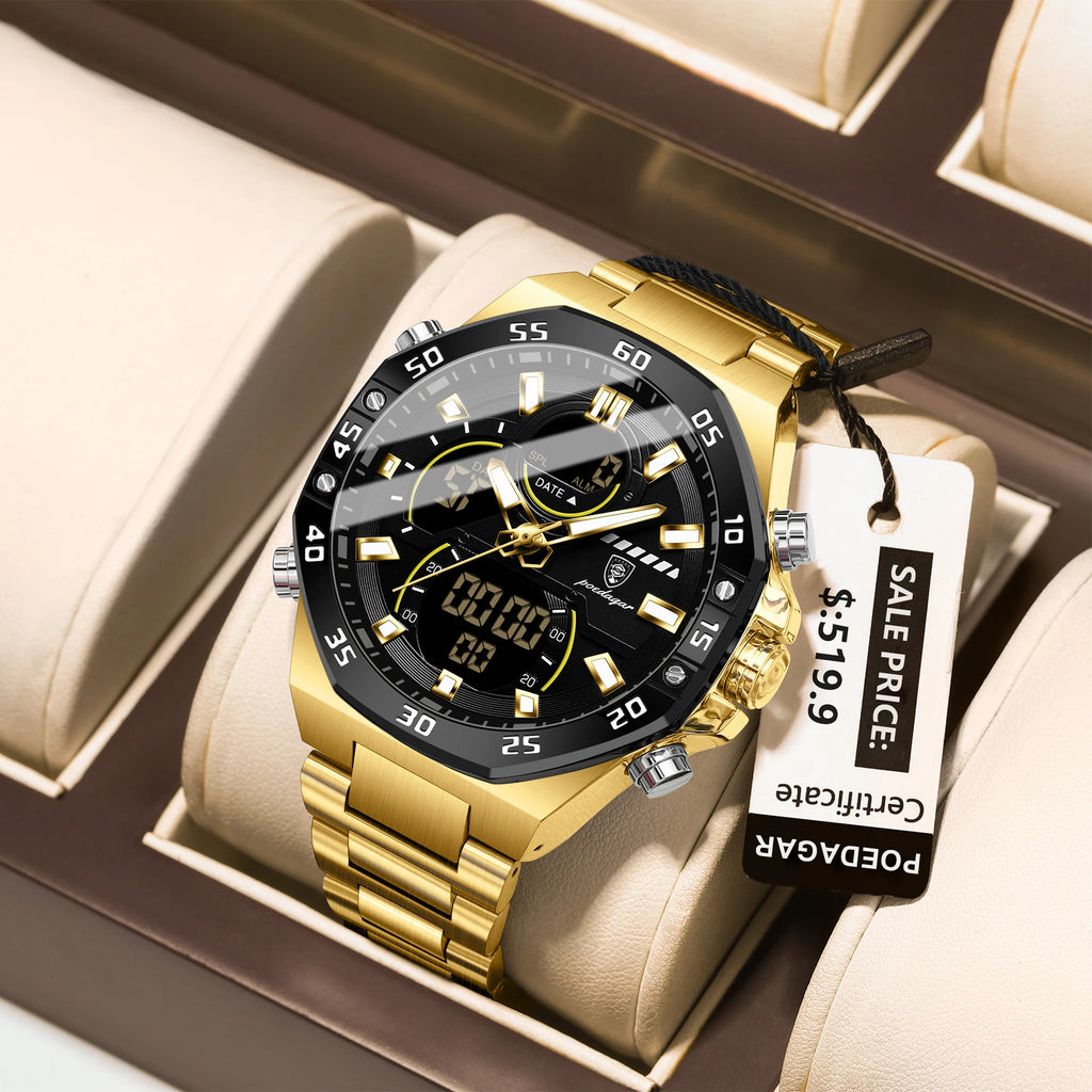 Poedagar E101 New Men Digital Watch LED Dual Time Display Waterproof Stainless Steel Electronic Quartz Men's Watches