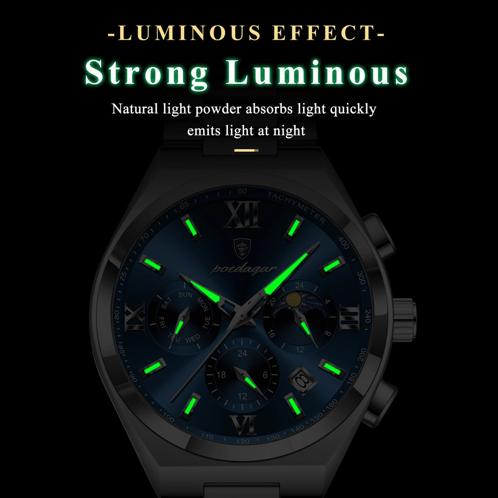 Poedagar 688 Luxury Men's Quartz Watch Waterproof Luminous Wristwatch Multi-Functional Chronograph Stainless Steel Watch for Men