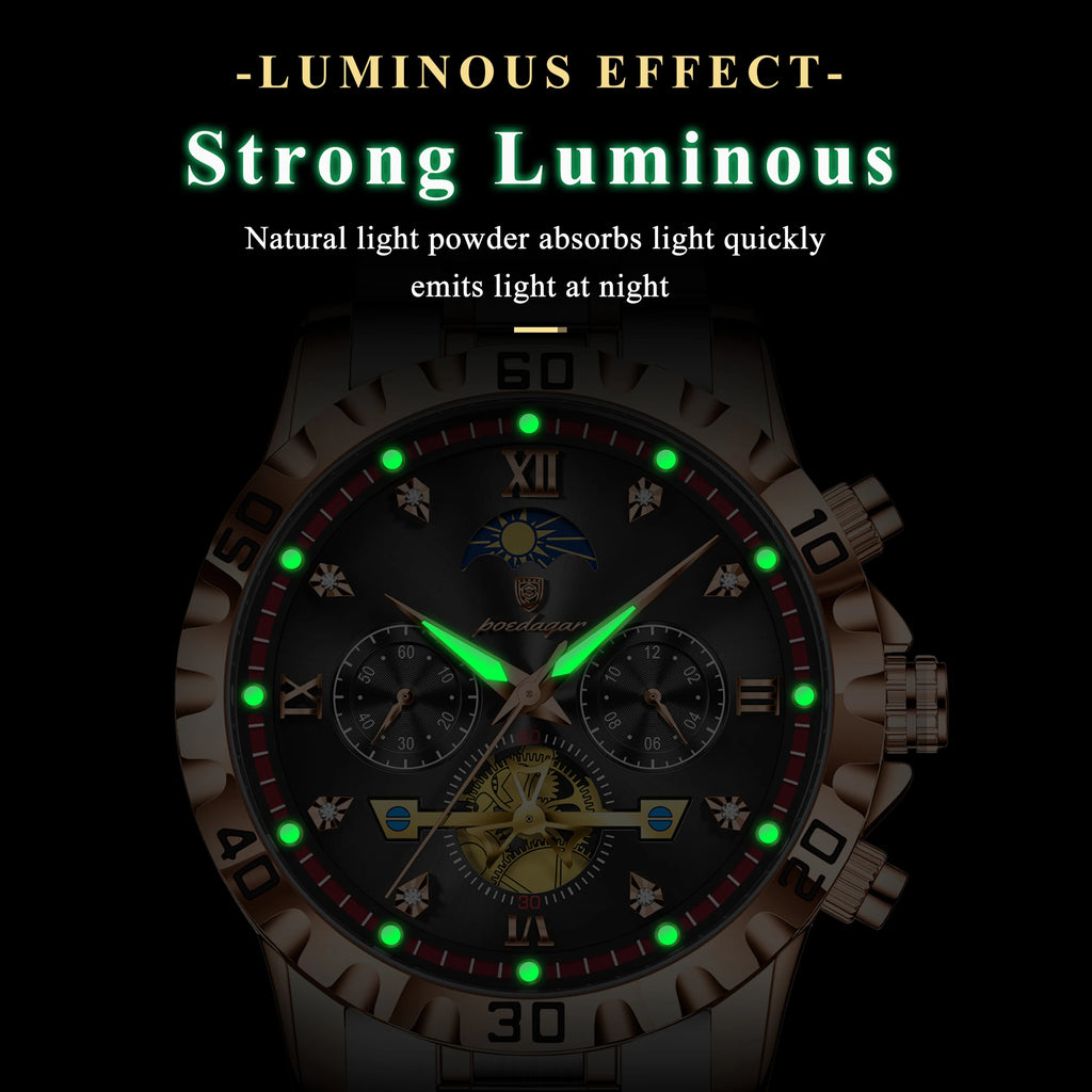 Men's Watch Quartz Poedagar 634 Chronograph Stainless Steel Watch Waterproof Luminous Relogio Wrist Watch for Office Daily Wear