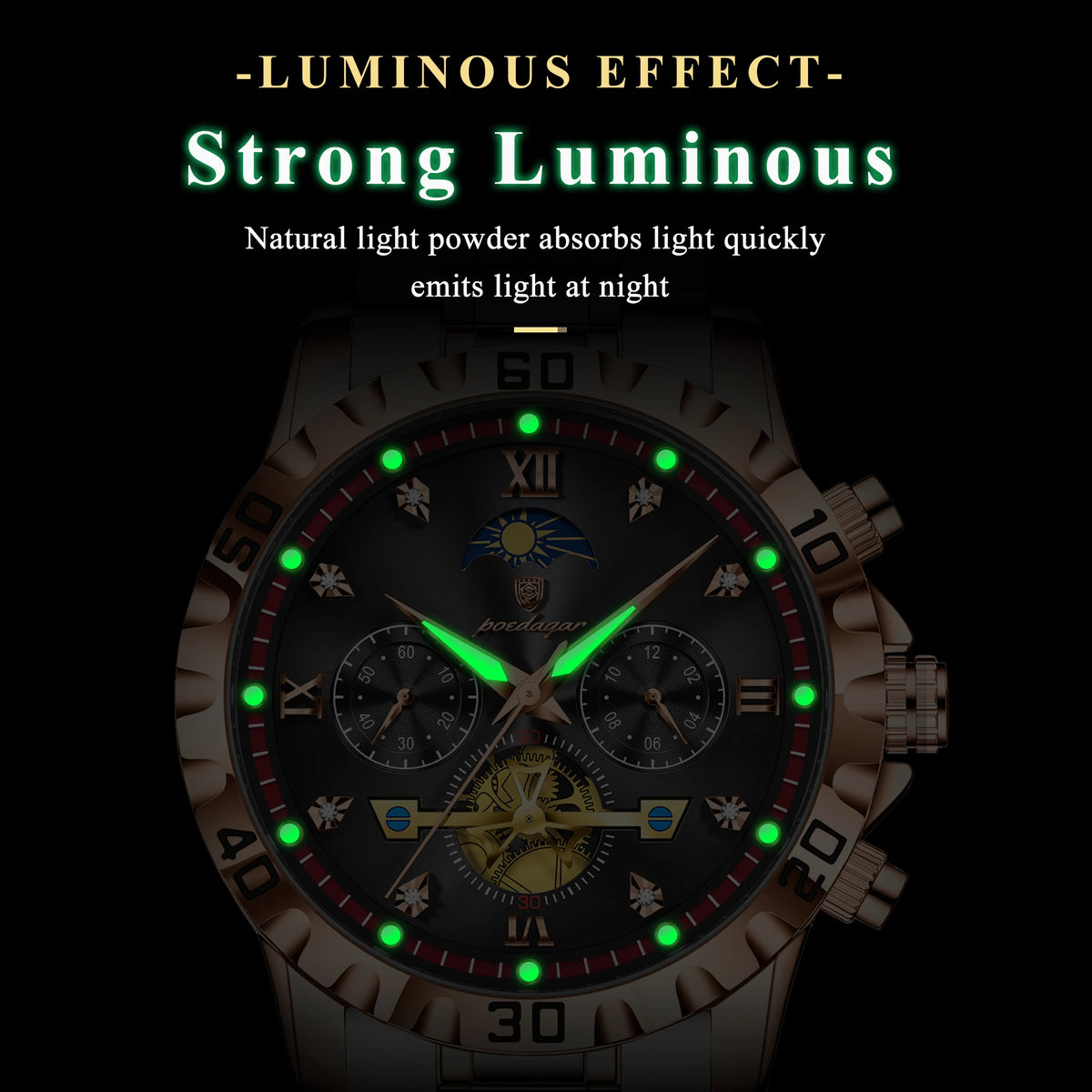 Men's Watch Quartz Poedagar 634 Chronograph Stainless Steel Watch Waterproof Luminous Relogio Wrist Watch for Office Daily Wear