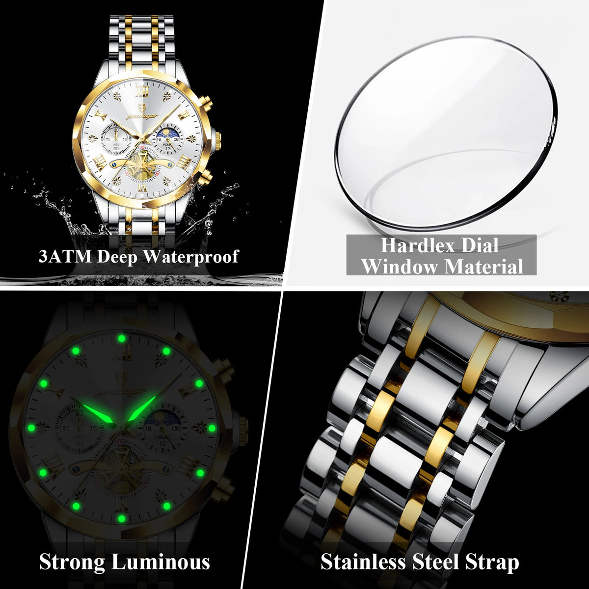 Poedagar 938 Men's Luxury Watch Business Stainless Steel Chronograph Quartz Wristwatch Waterproof Luminous Watch for Men Montre