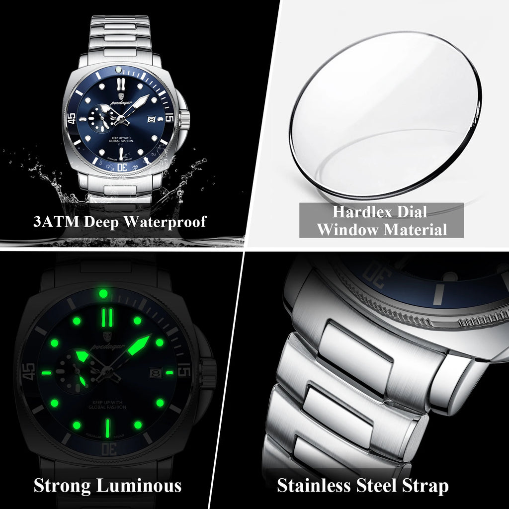 Poedagar 873 Luxury Mens Watch Waterproof Luminous Date Quartz Watch Stainless Steel Bracelet Watch for Men