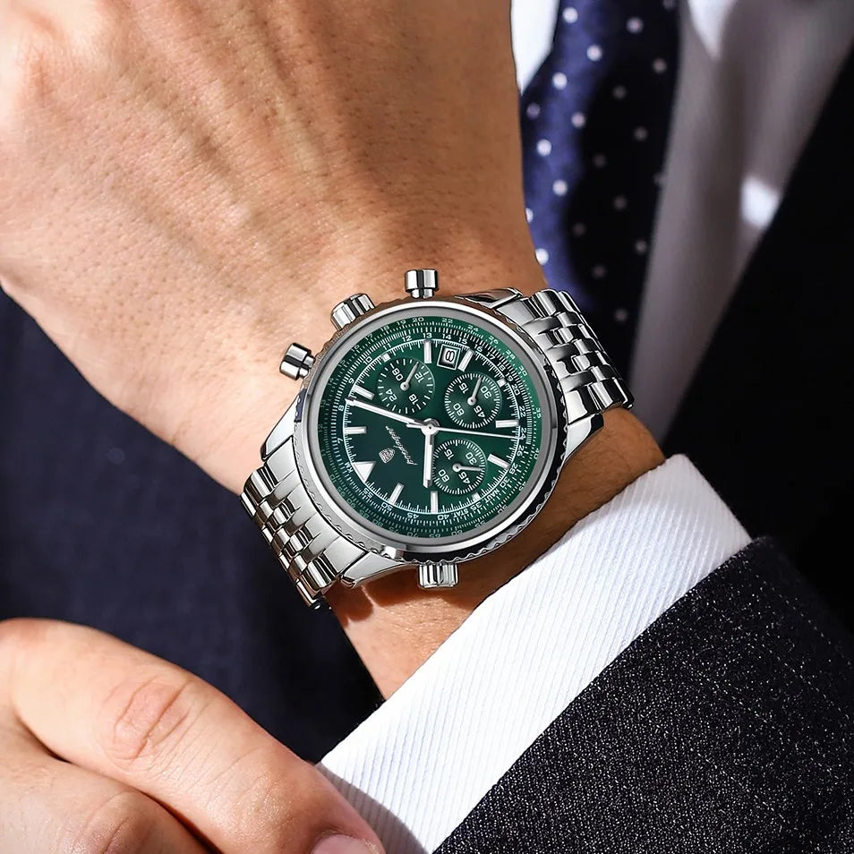 Poedagar 960 Chronograph Men Watch Sports 3-Eye Dial Stainless Steel Reloj Luminous Date Waterproof Business Quartz Wristwatch