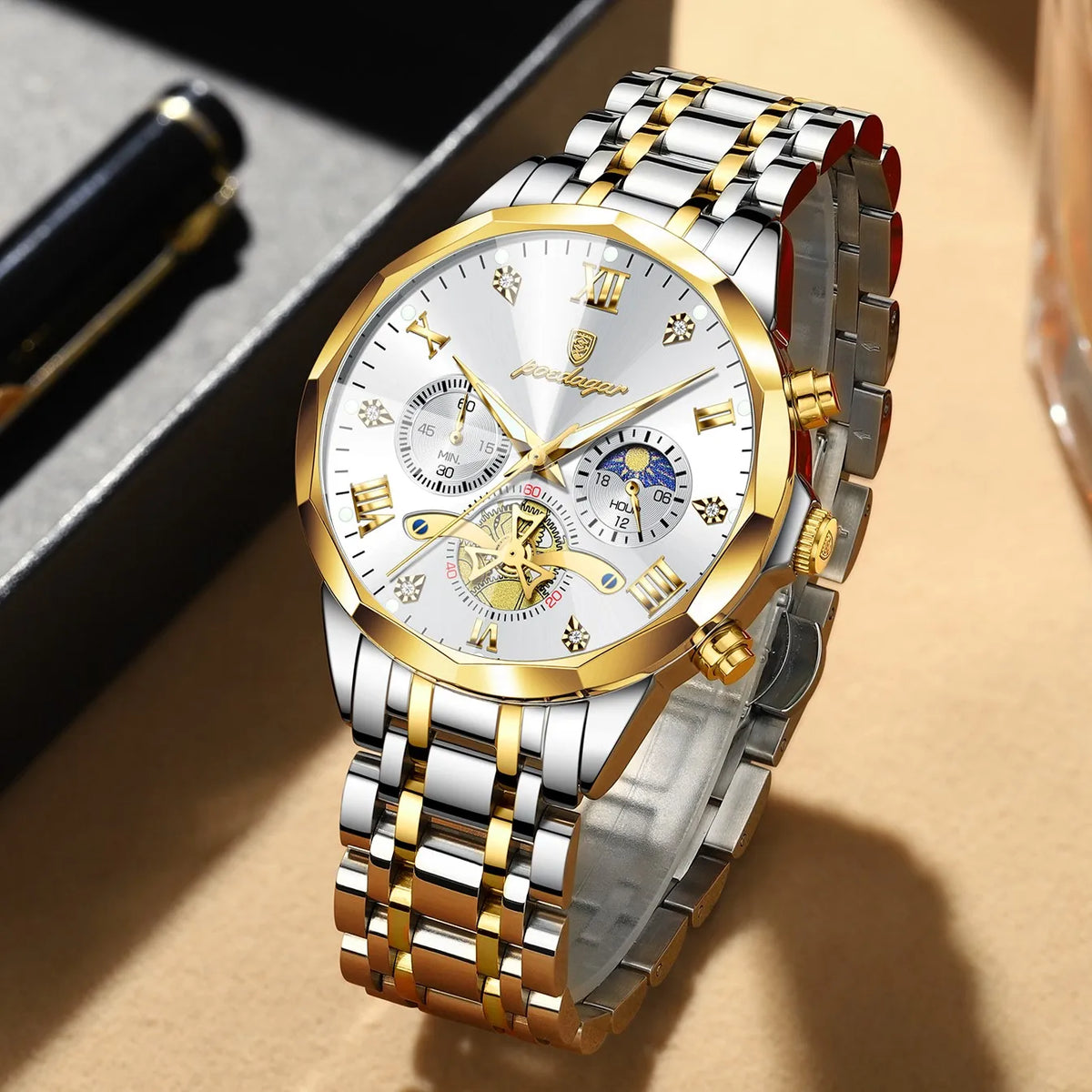 Poedagar 938 Men's Luxury Watch Business Stainless Steel Chronograph Quartz Wristwatch Waterproof Luminous Watch for Men Montre