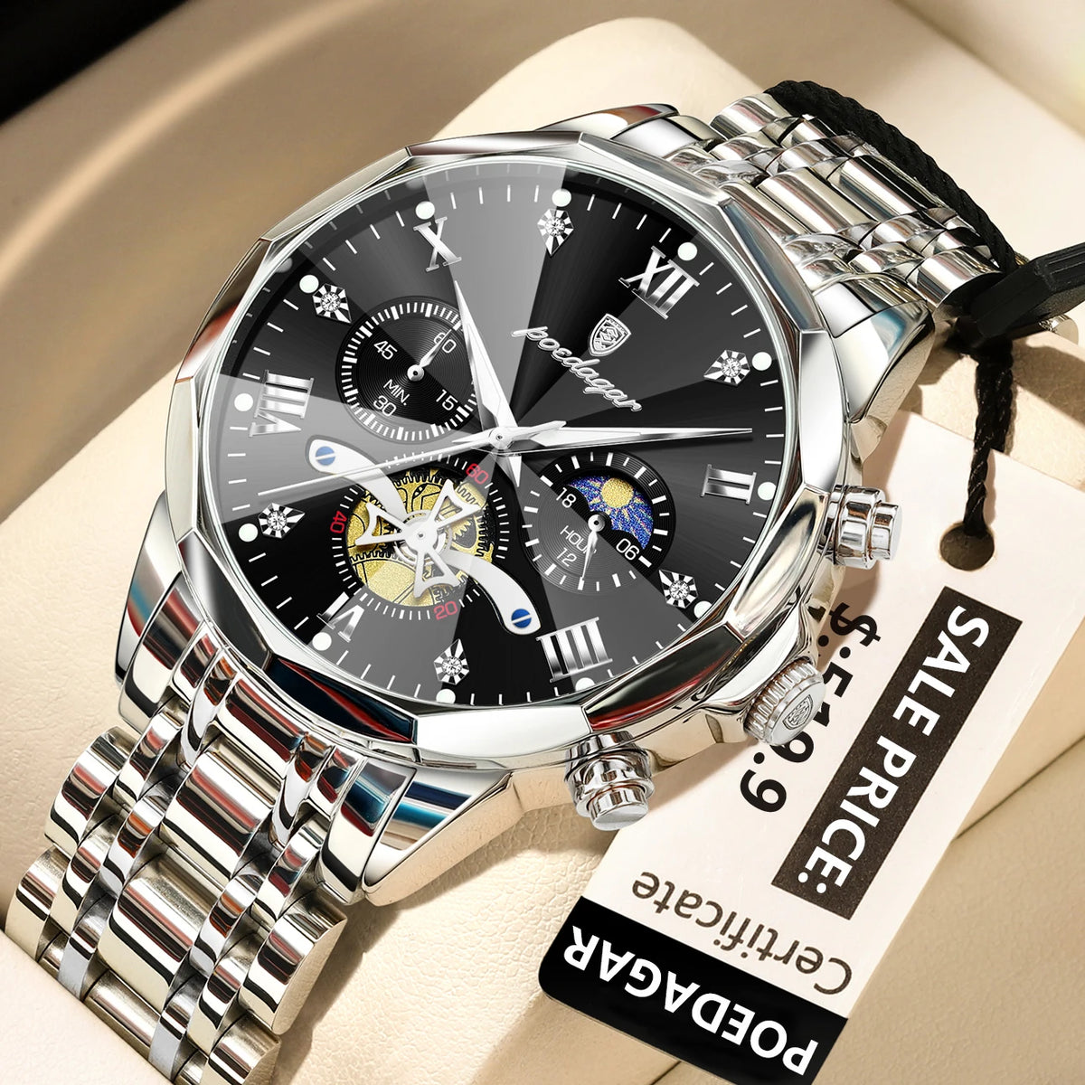 Poedagar 938 Men's Luxury Stainless Steel Chronograph Quartz Watch Waterproof Luminous with 42mm Alloy Dial Watch for Men