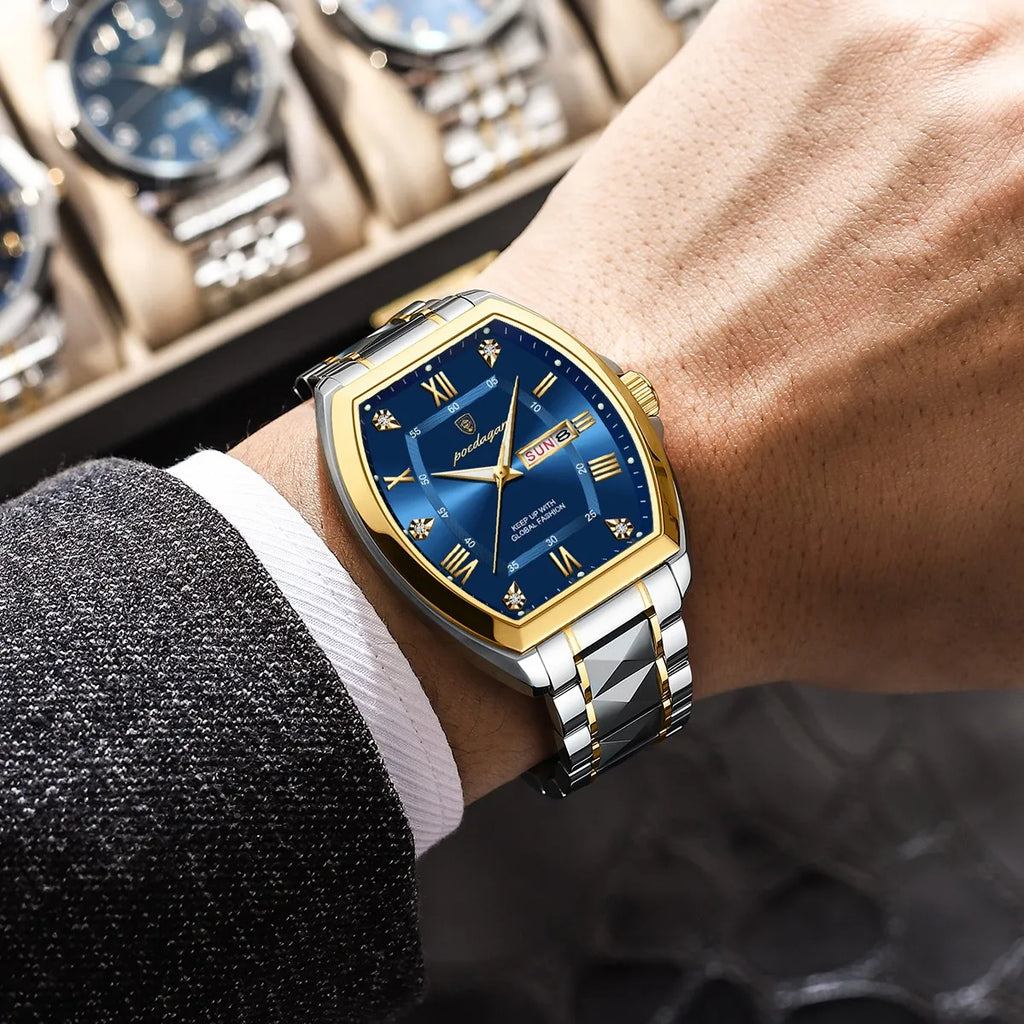 Poedagar 958 Men's Quartz Watch Luxury Tonneau Case Date Week Stainless Steel Wristwatch Waterproof Luminous Watch for Men