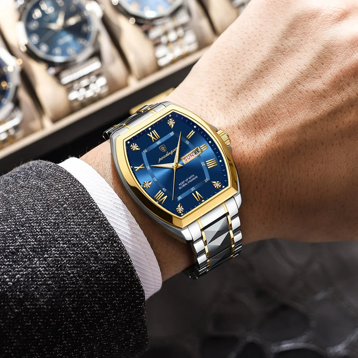 Poedagar 958 Men's Quartz Watch Luxury Tonneau Case Date Week Stainless Steel Wristwatch Waterproof Luminous Watch for Men