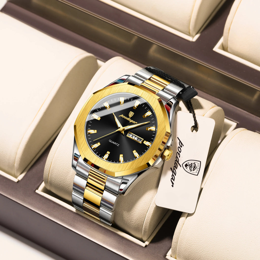 Poedagar 875 Luxury Mens Watch Business Octagonal Case Stainless Steel Quartz Watch Reloj Luminous Waterproof Wristwatch for Men