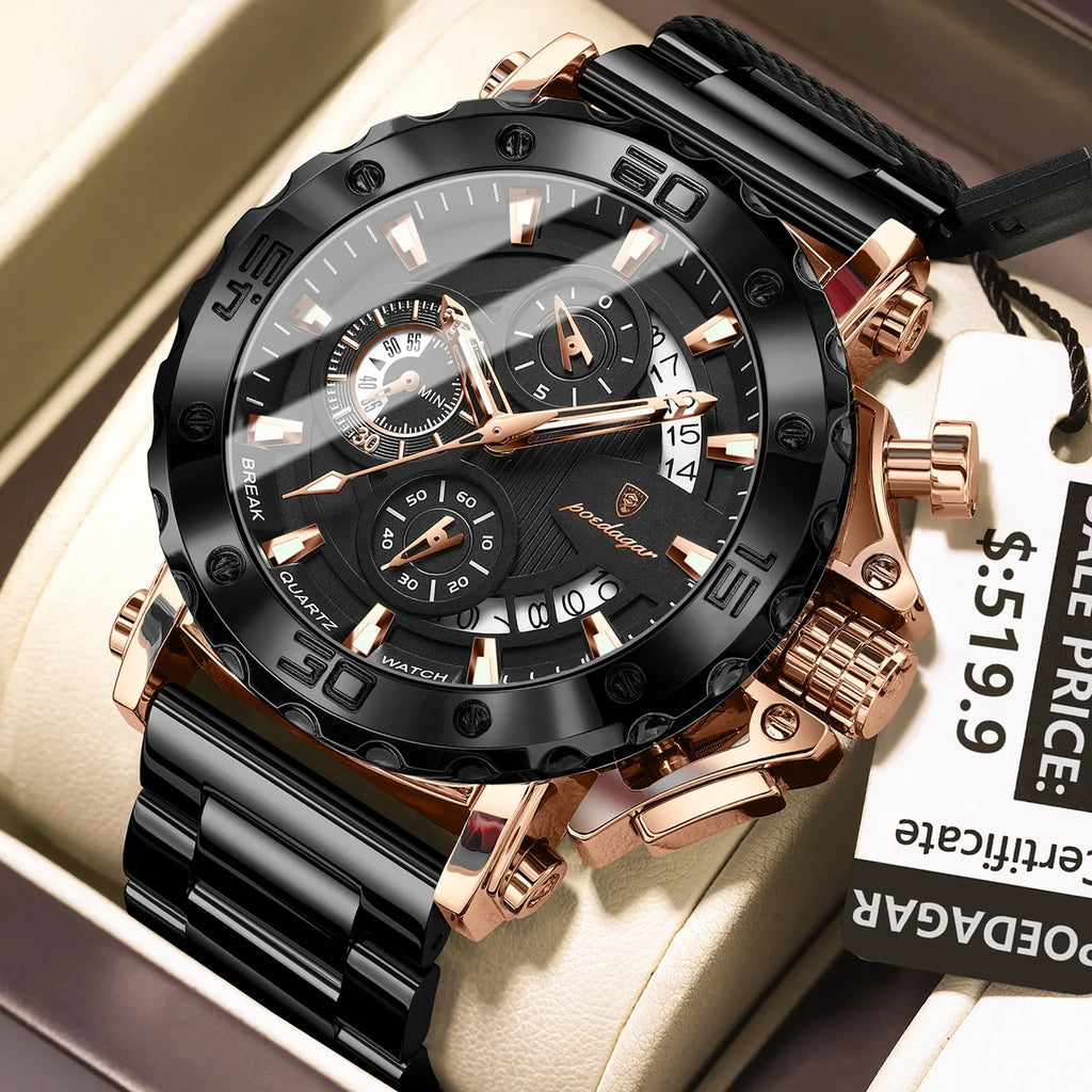 Poedagar Reloj 892 Men Luxury Stainless Steel Bracelet Waterproof Luminous Chronograph Watch