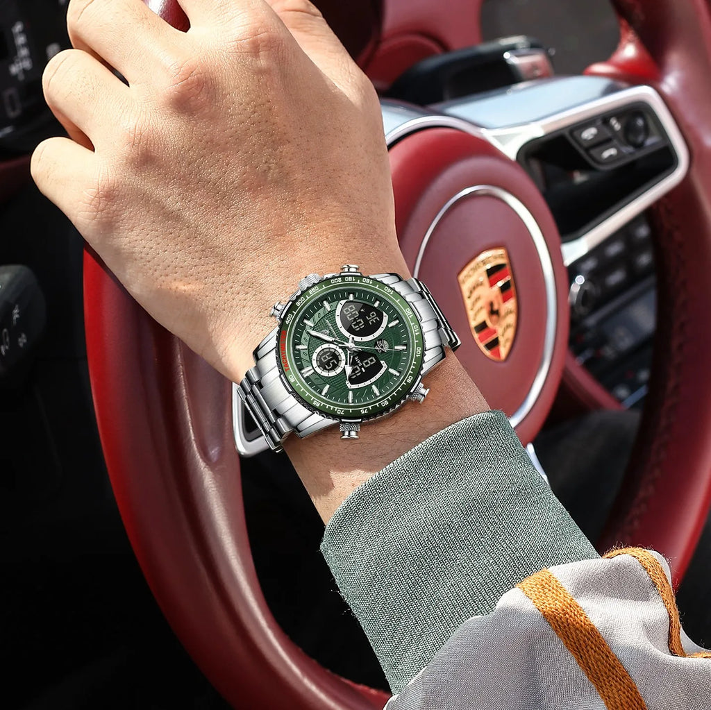 Poedagar E127 Men Watch Dual Display Digital Analog Wristwatch Luminous Waterproof Herrenuhr Sport Stainless Steel Watch for Men