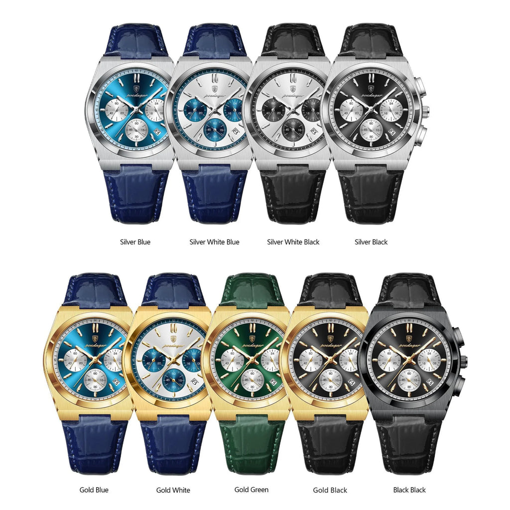Poedagar 970 Luxury Men's Watch Leather Strap Sports Chronograph Quartz Watches Montre Homme Waterproof Luminous Watch for Men