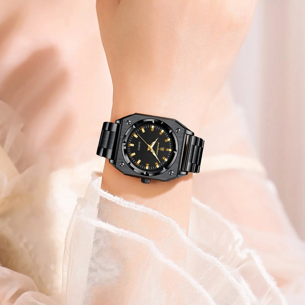 Poedagar 788 Luxury Women's Watch Black Square Case Waterproof Luminous Reloj Wristwatch Stainless Steel Quartz Watch for Women