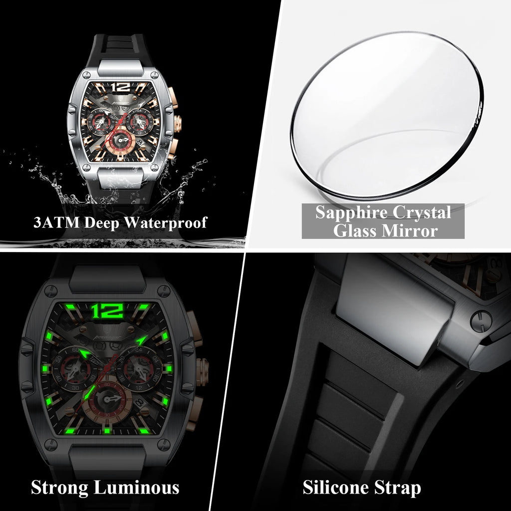 Mens Watch High Quality Poedagar 9051 Men Chronograph Quartz Watches Luminous Silicone Strap Waterproof Watch for Men