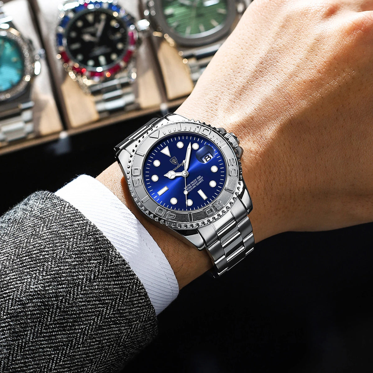 Poedagar 680 Factory Wholesale 43mm Men's Quartz Watch Stainless Steel Blue Dial 30M Waterproof Wrist Watch