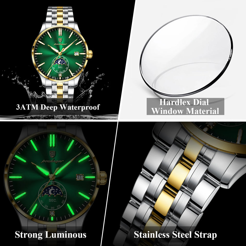 Poedagar 854 Men's Quartz Watch Luxury Moon Phase Stainless Steel Montre Homme Calendar Waterproof Business Wristwatch for Men