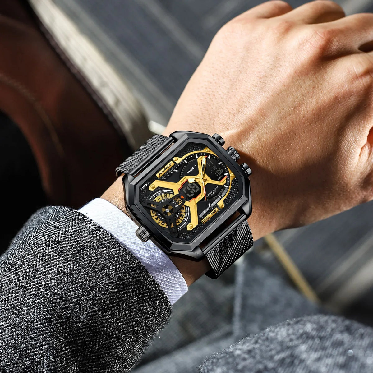 Poedagar E106 Luxury Mens Watch Square Stainless Steel Mesh Strap Wristwatch for Men Waterproof Chronograph Quartz Watches Reloj