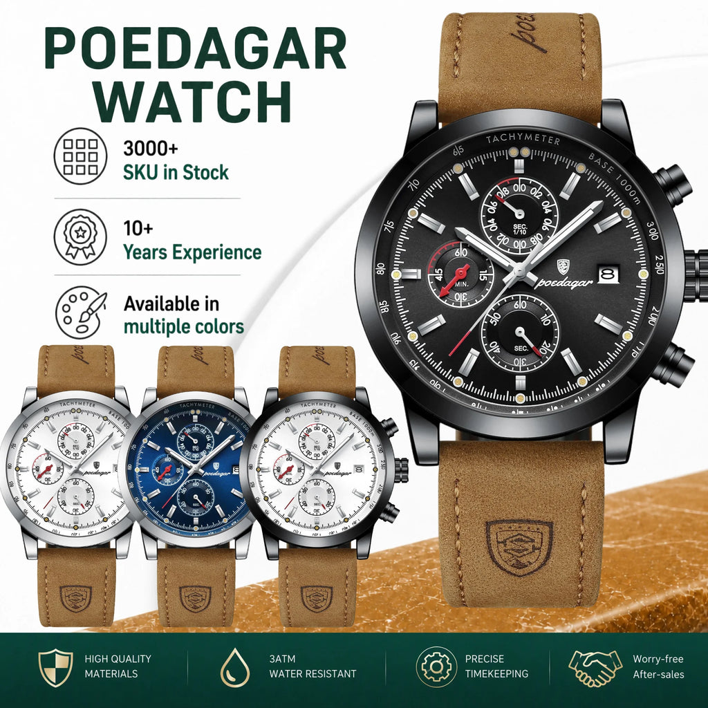 Poedagar 932 Luxury Men's Watch Leather Strap Waterproof Quartz Watches Luminous Chronograph Wristwatch for Men Montre Homme