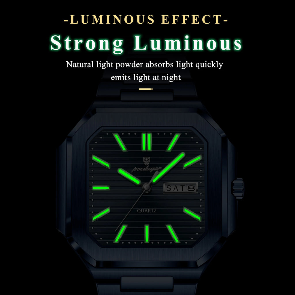 Watch for Men Luxury Poedagar 672 Business Stainless Steel Quartz Wristwatch Square Case Waterproof Luminous Date Men's Watch