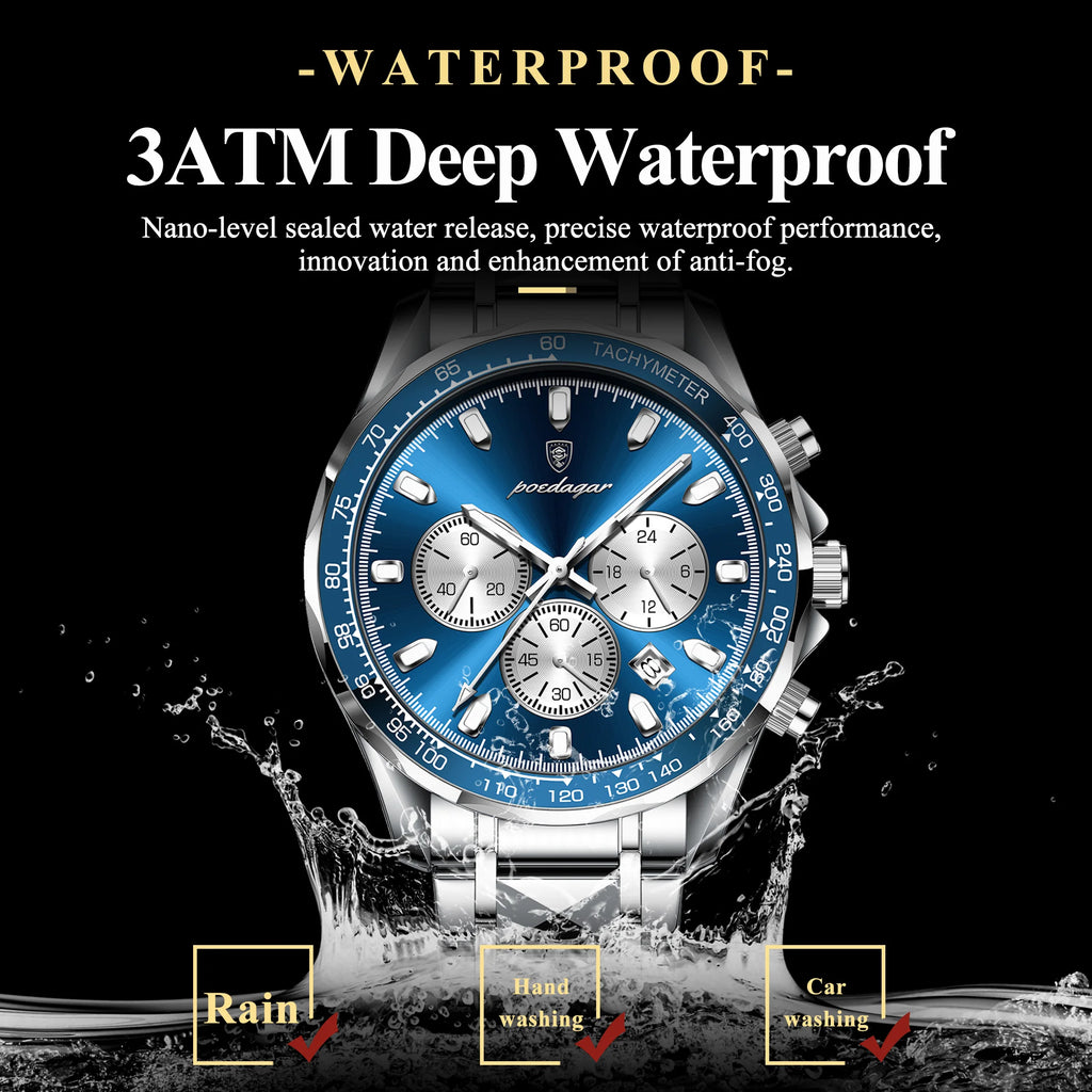 Poedagar 815 Luxury Men Watches Business Sport Tachymeter Chronograph Luminous Stainless Steel Quartz Wristwatch in Stock Reloj