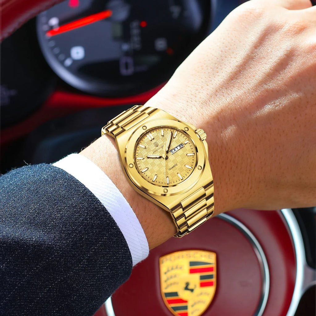 Poedagar 696 Luxury Mens Watch All Gold Stainless Steel Quartz Watches Luminous Waterproof Date Wristwatch for Man Factory Reloj